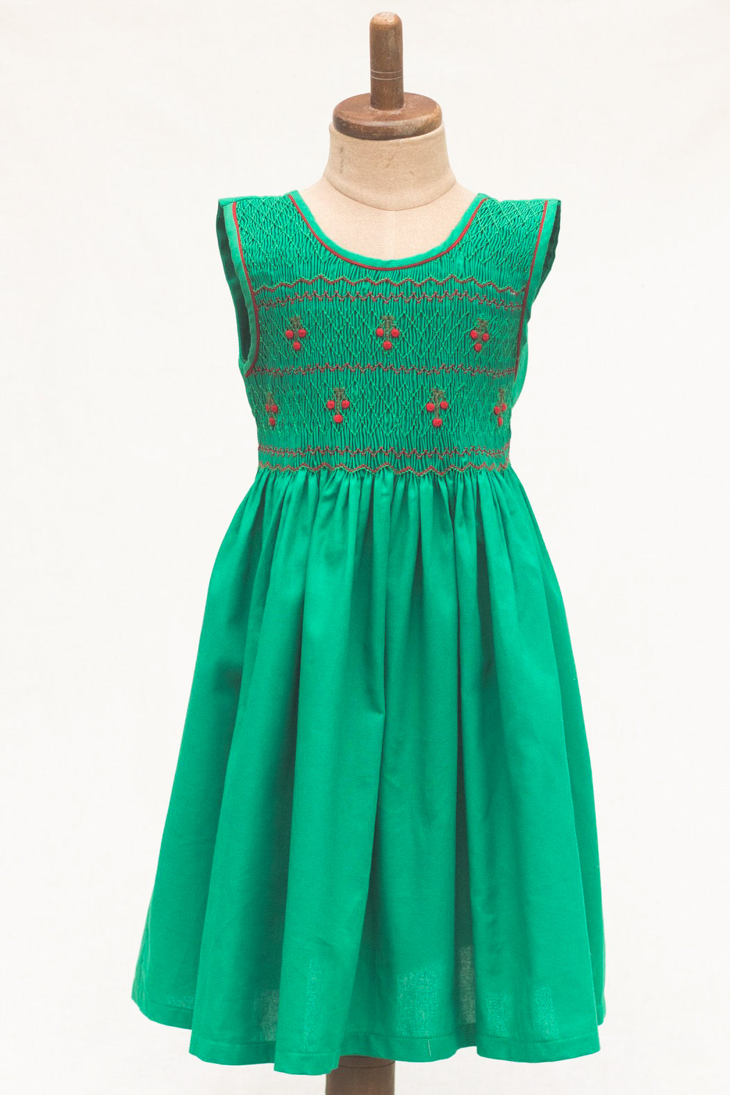 Hand-Smocked Dress Cherries, Green