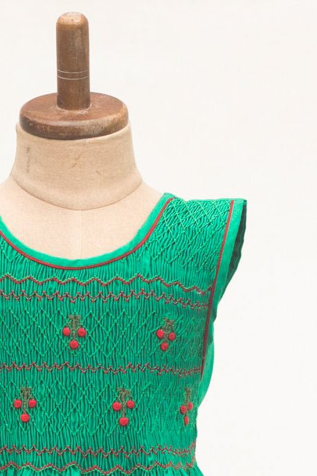 Hand-Smocked Dress Cherries, Green