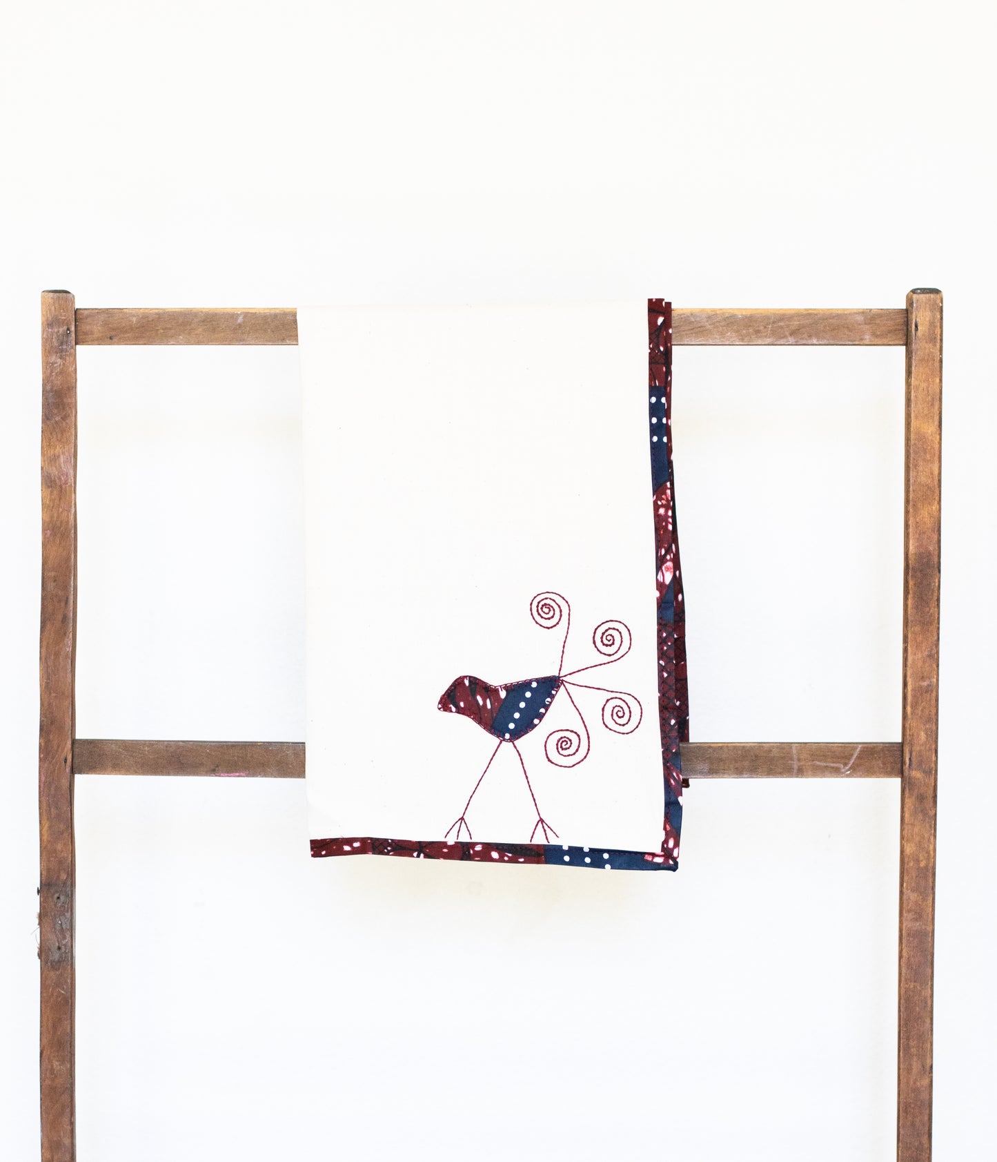 Single Sparrow Tea Towel with Kitenge Trim, Mulberry