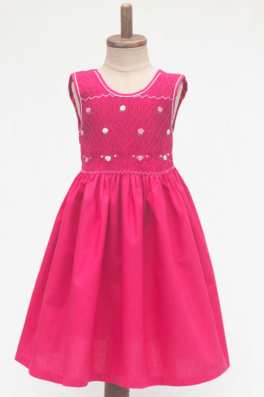 Hand-Smocked Dress Daisies, Fuchisa