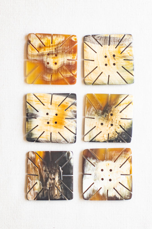 Square Snow-Flake Cow Horn Buttons, 1.50", Marbled Caramel